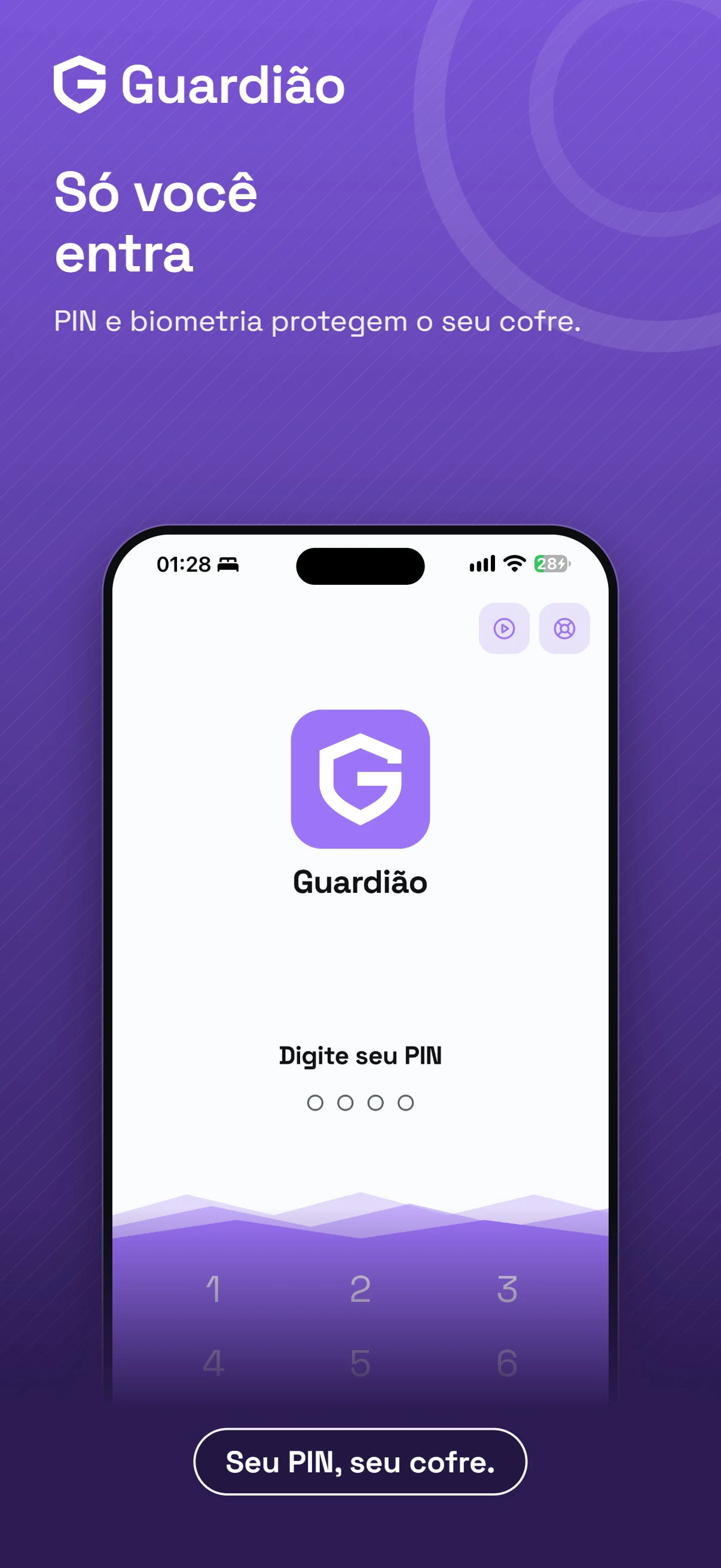 Tela de bloqueio do Guardião pedindo o PIN