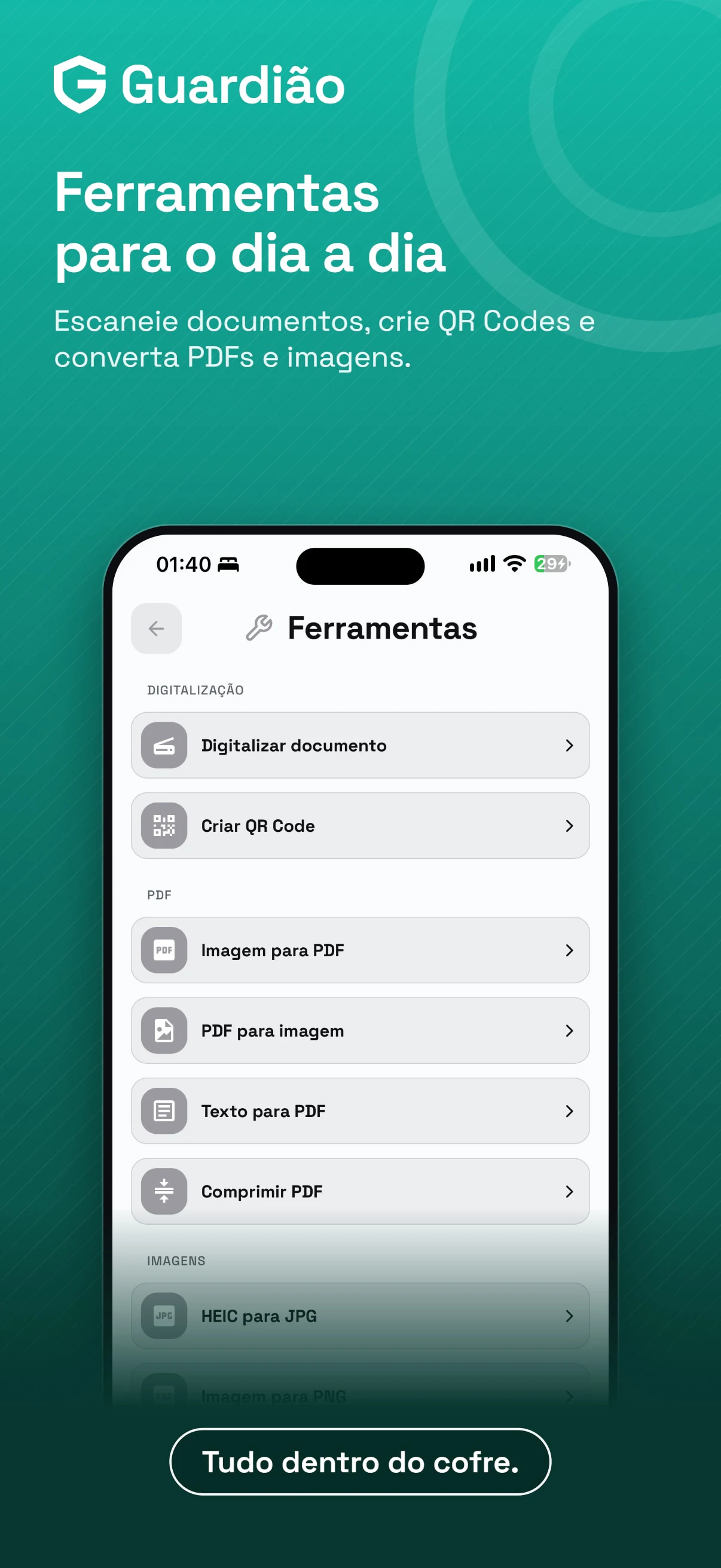 Tela de ferramentas do Guardião com digitalizar documento, QR code e conversão de PDF