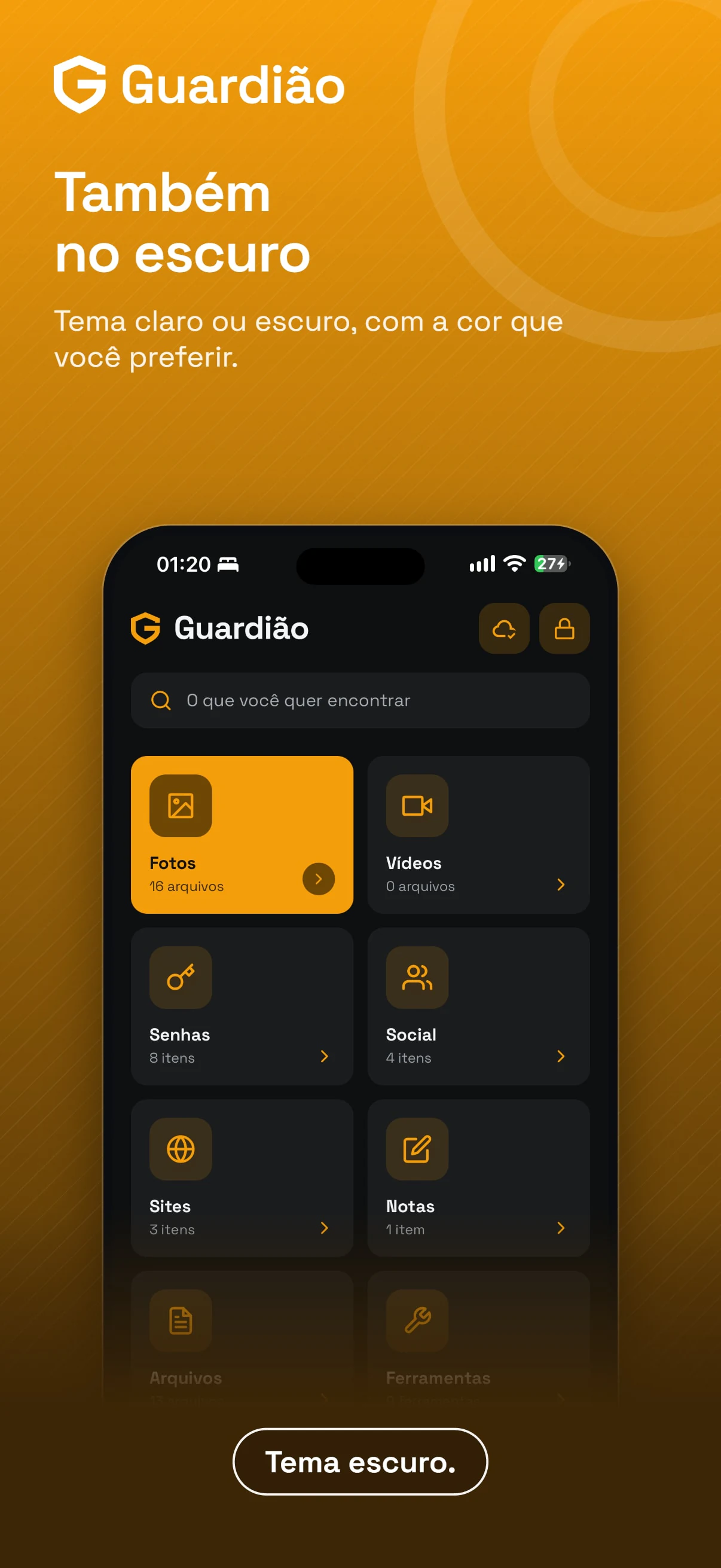 Tela inicial do Guardião no modo escuro