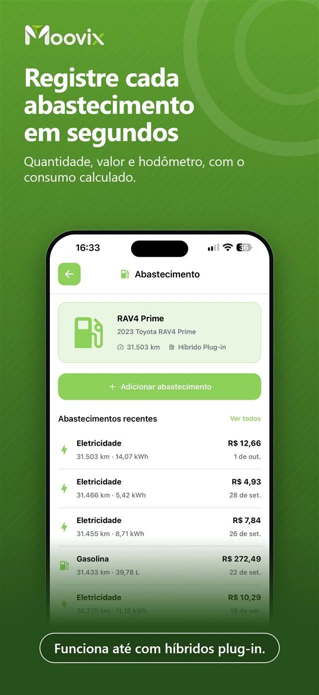 Tela do app Moovix: Cada abastecimento em segundos