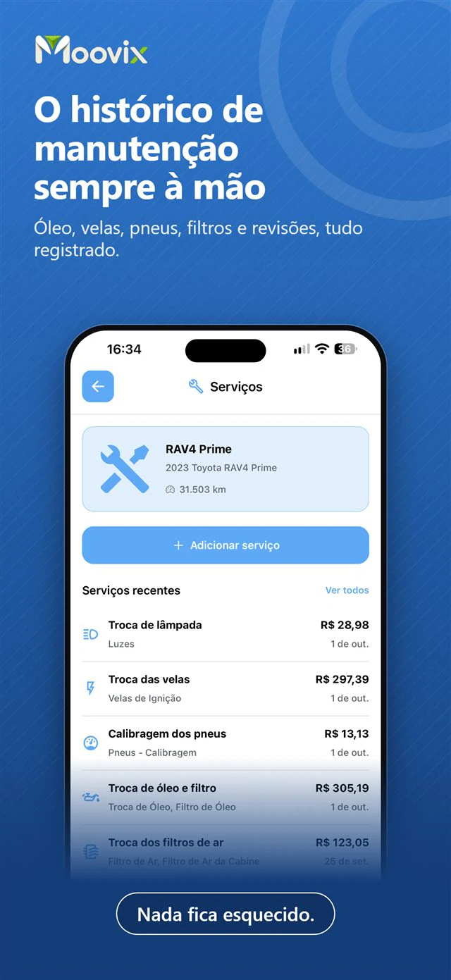 Tela do app Moovix: Histórico de manutenção
