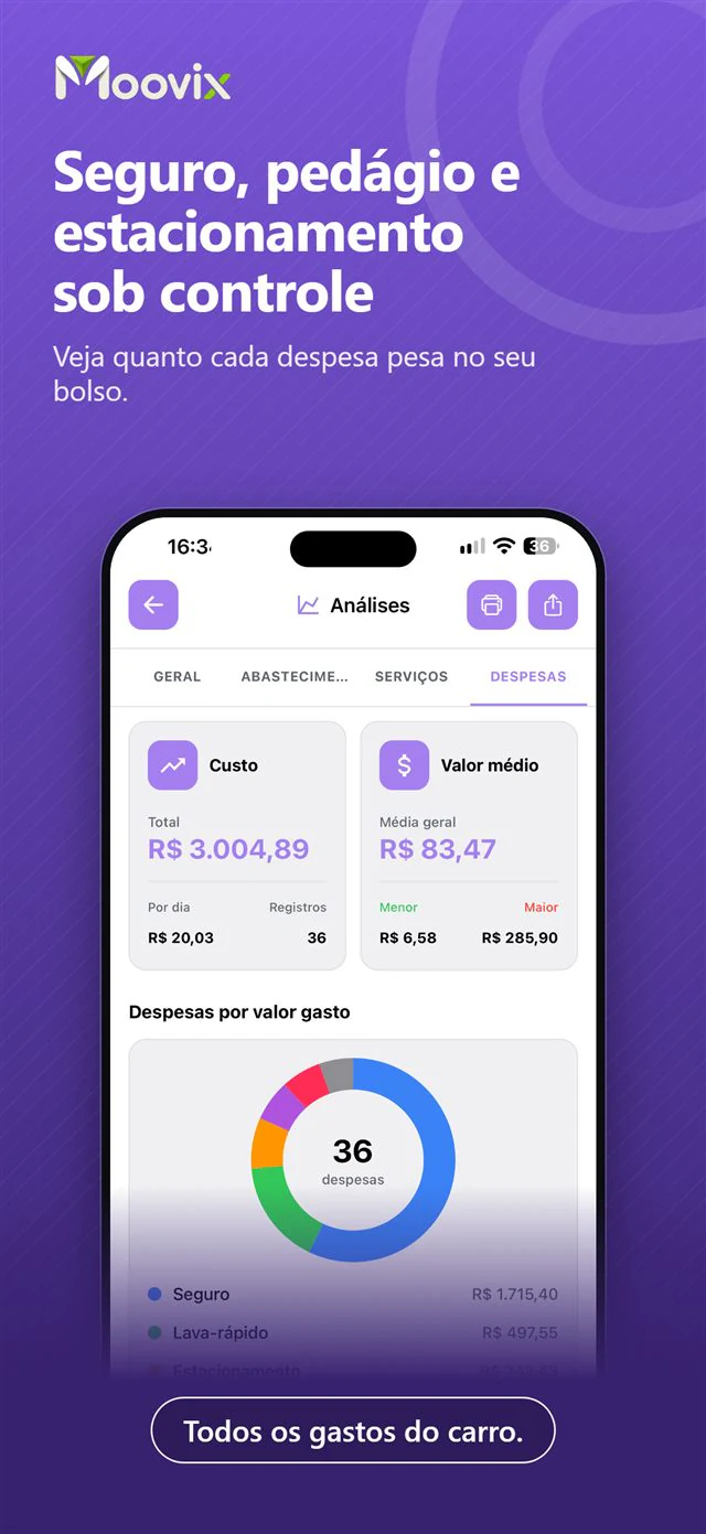 Tela do app Moovix: Despesas sob controle