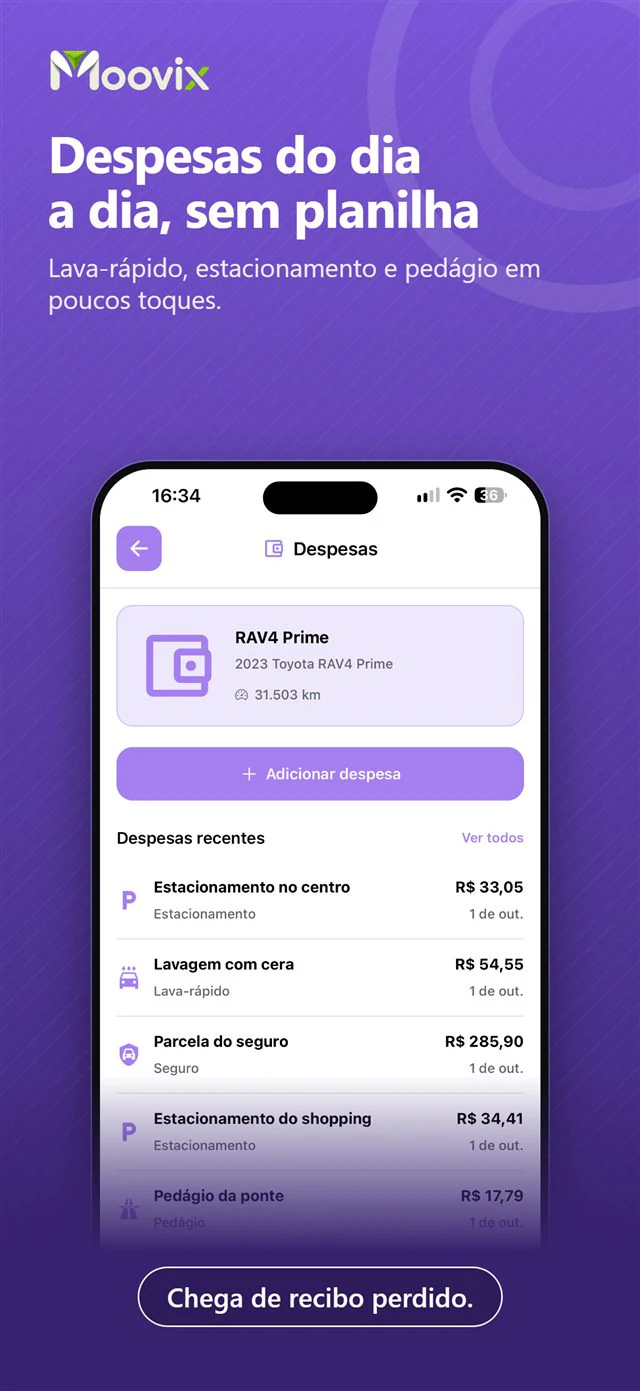 Tela do app Moovix: Despesas do dia a dia, sem planilha